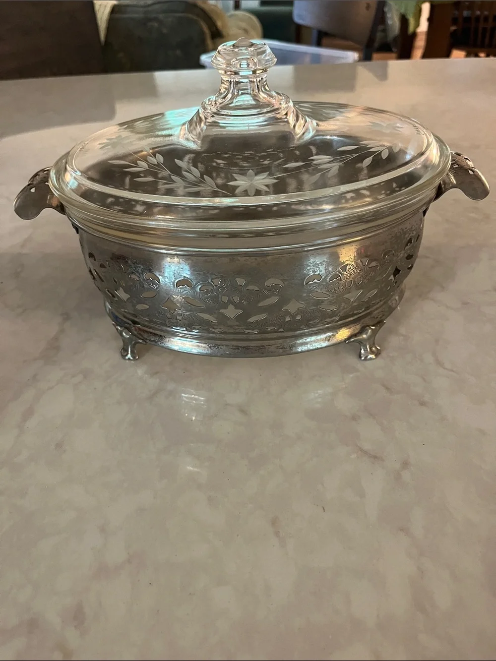 🍲VTG 3 Piece Pyrex Heavy Footed Silver Metal Stand,Pyrex lid 294c 1930’s